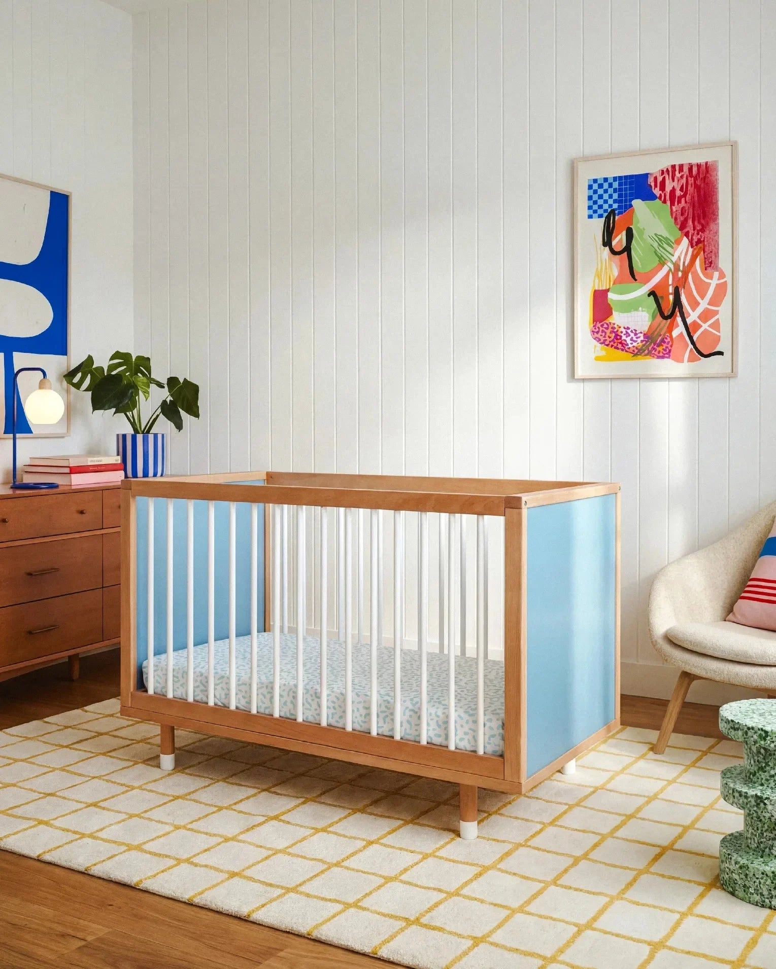 Bold Baby Cot in Blue and Deep Blue colourway, front view showing the blue panel