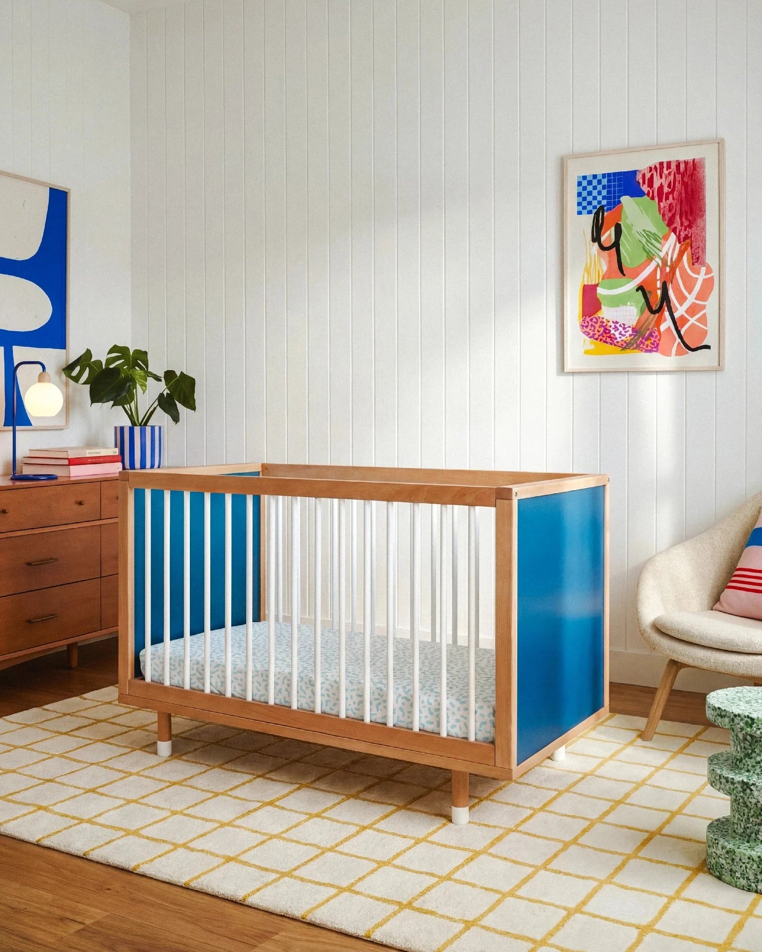 Bold Baby Cot in Blue and Deep Blue colourway, front view showing the deep blue panel