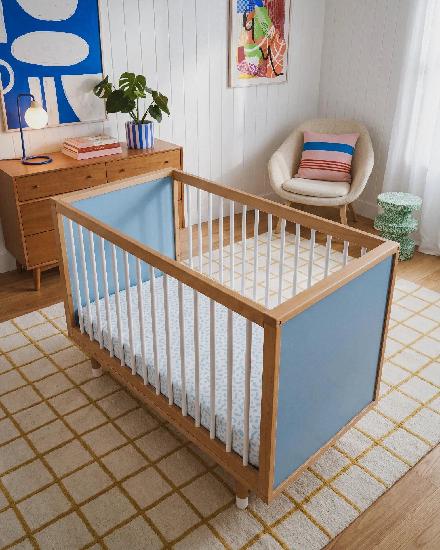 Isometric view of the Blue and Deep Blue Bold Baby Cot