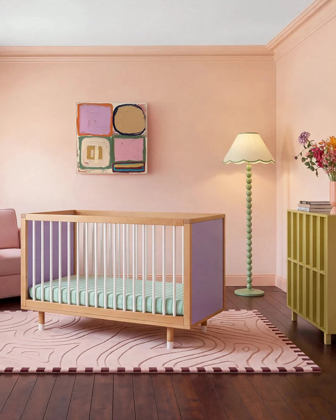 Wide view of the Lilac and Teal Bold Baby Cot