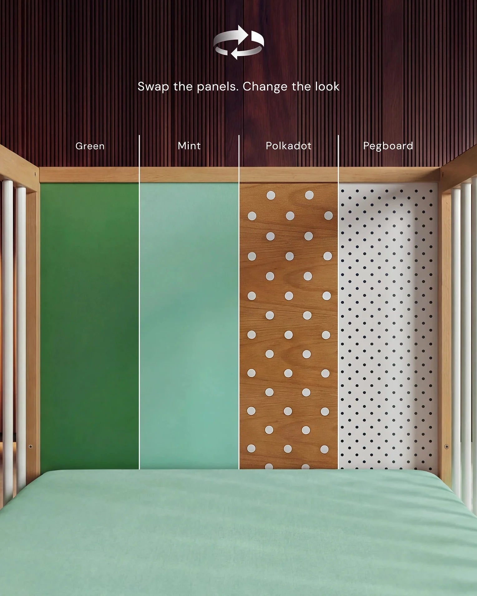 Demonstrating the interchangeable panel swap on the Green and Mint Bold Baby Cot