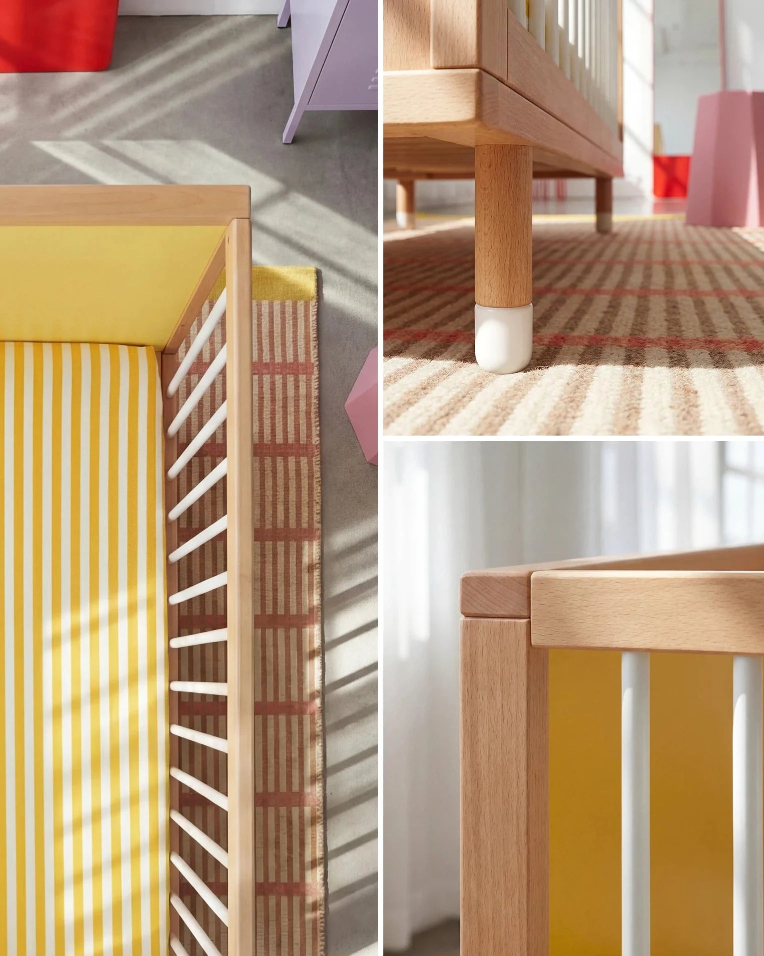 Close-up detail of the Yellow and Mint Bold Baby Cot timber frame