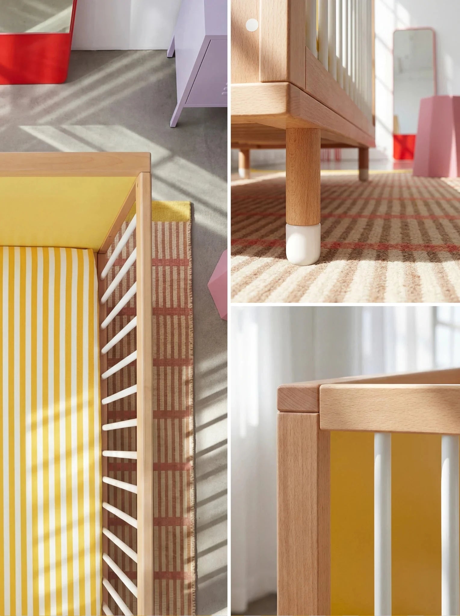 Close-up detail of the Yellow and Mint Bold Baby Cot timber frame