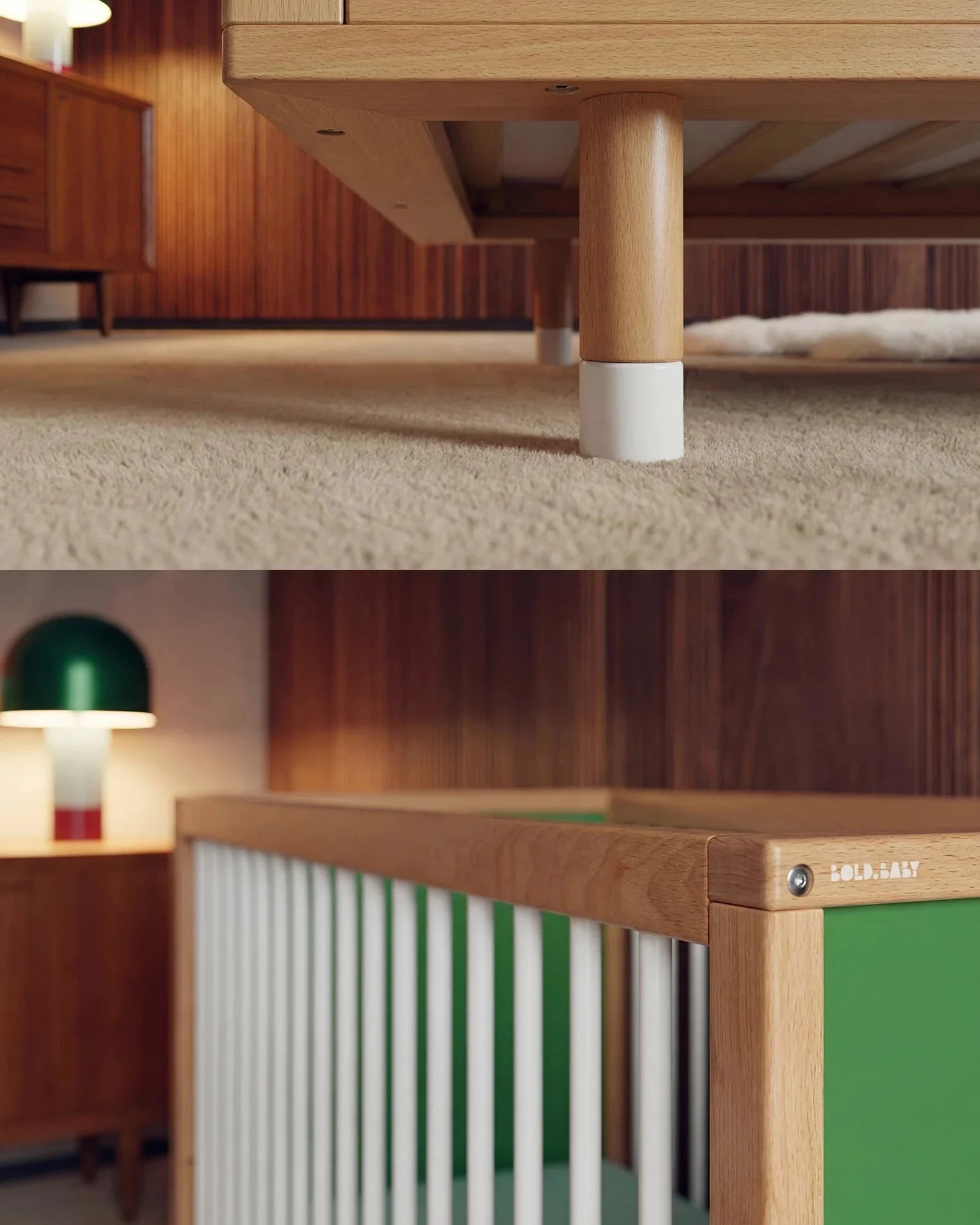 Close-up detail of the Green and Mint Bold Baby Cot adjustable leg and timber frame