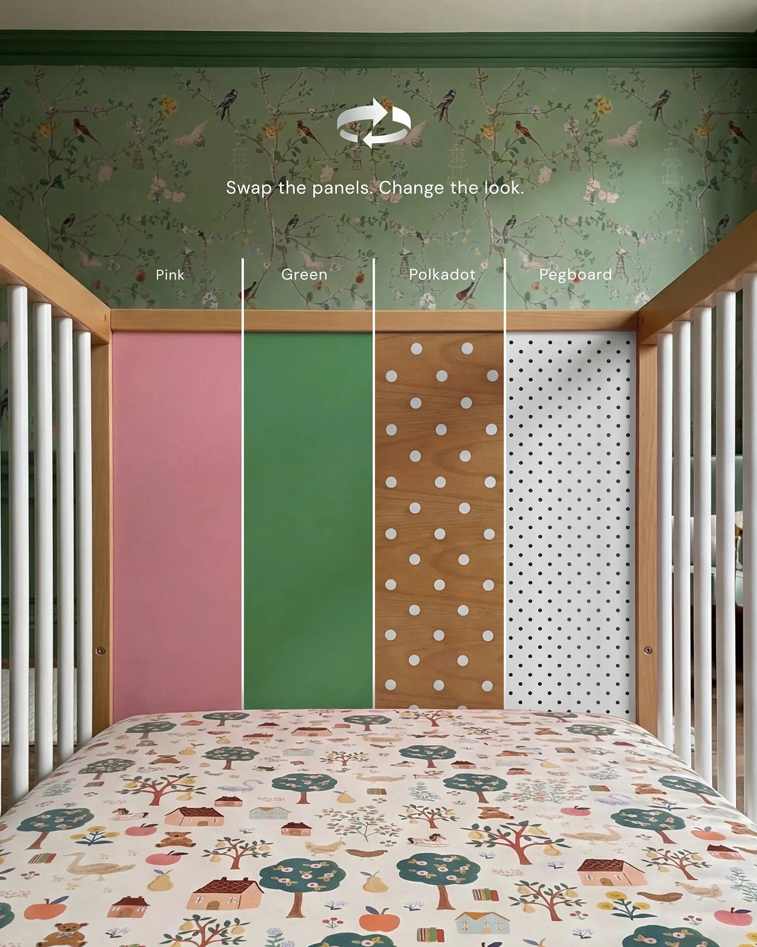 Demonstrating the interchangeable panel swap on the Pink and Green Bold Baby Cot