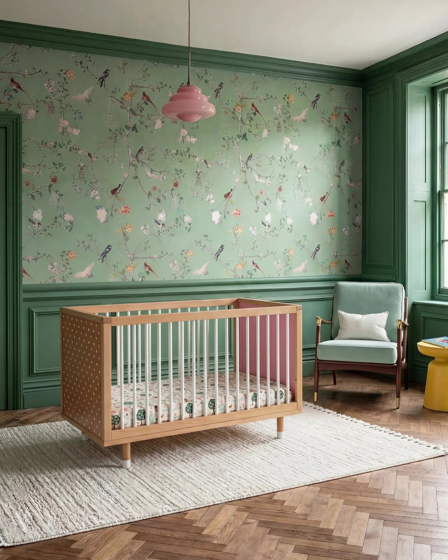 Side view of the Pink and Green Bold Baby Cot showing the polkadot and pink panels.