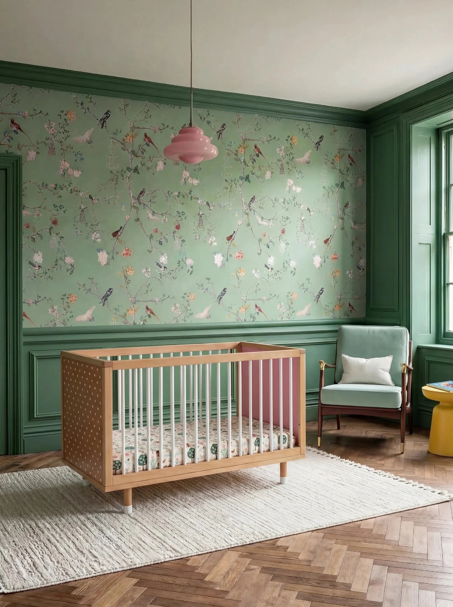 Side view of the Pink and Green Bold Baby Cot showing the polkadot and pink panels.