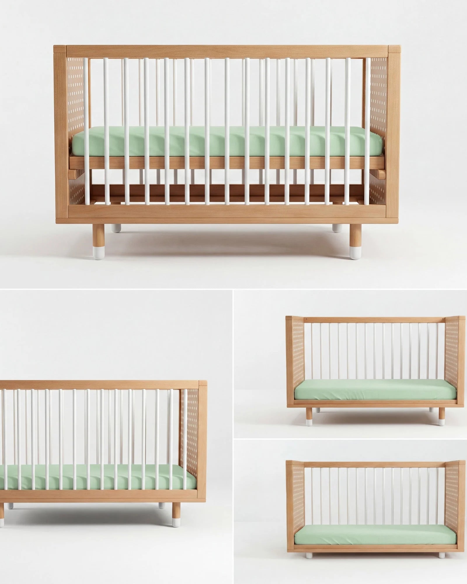 Newborn, baby and toddler bed stages of the Bold Baby Cot.