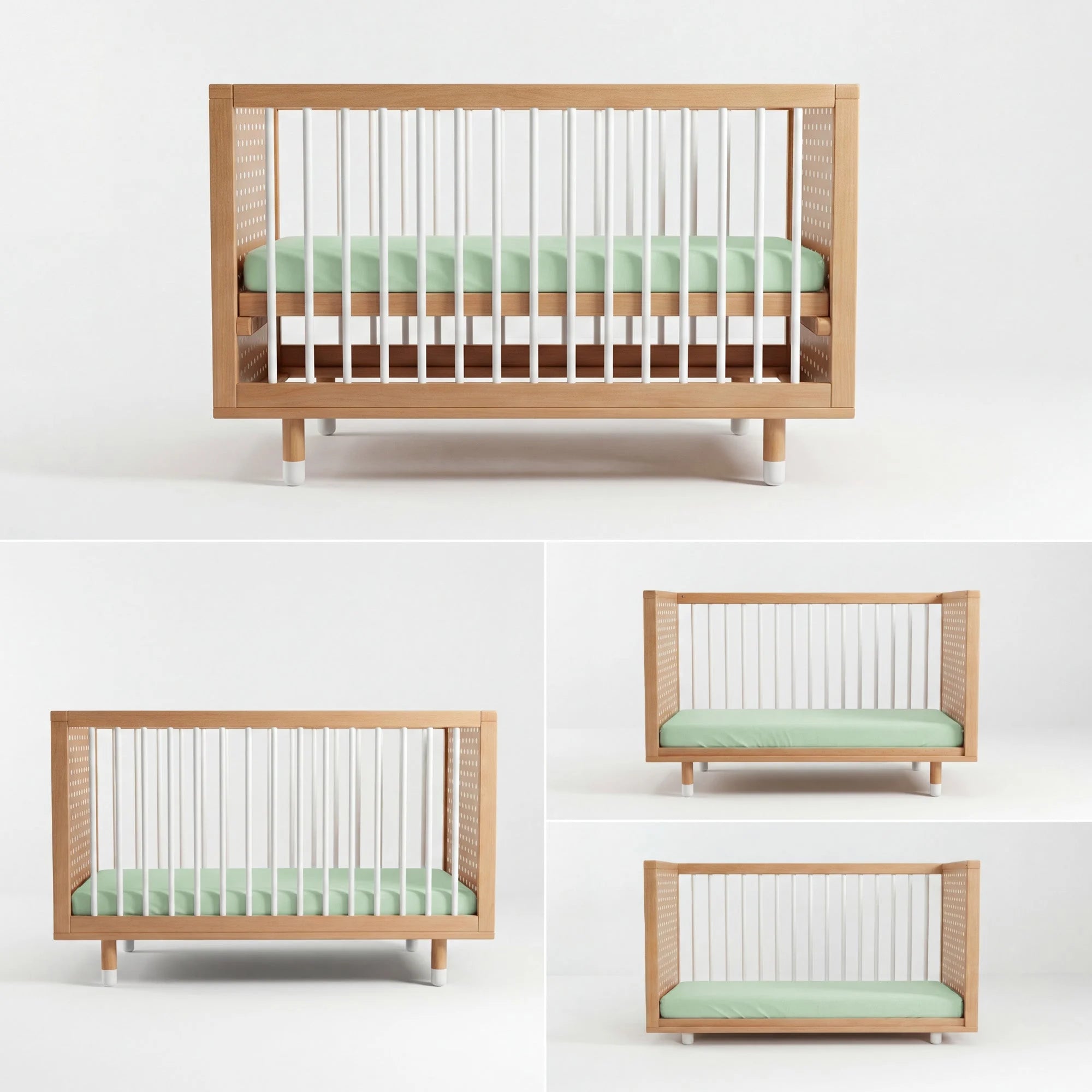 Newborn, baby and toddler bed stages of the Bold Baby Cot.