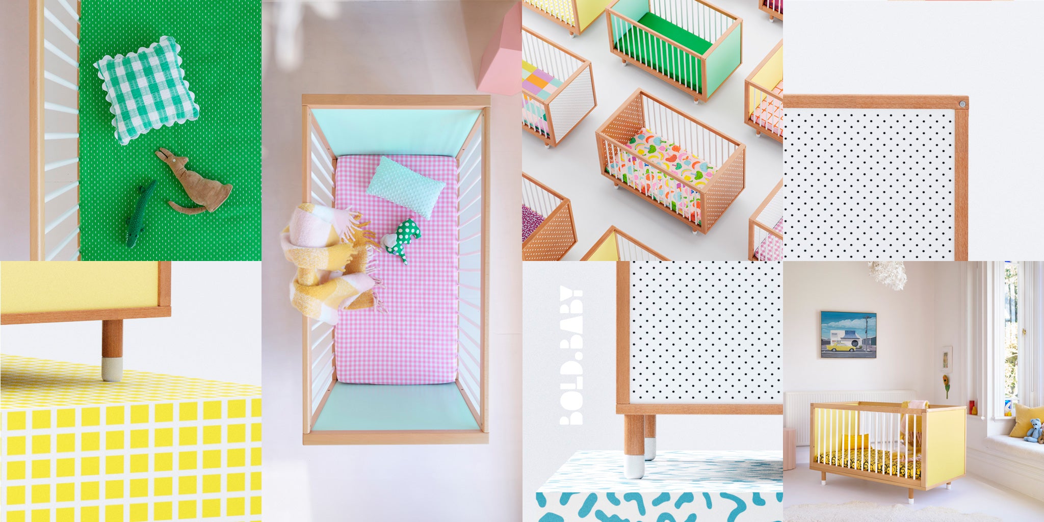 A montage of colourful baby cots