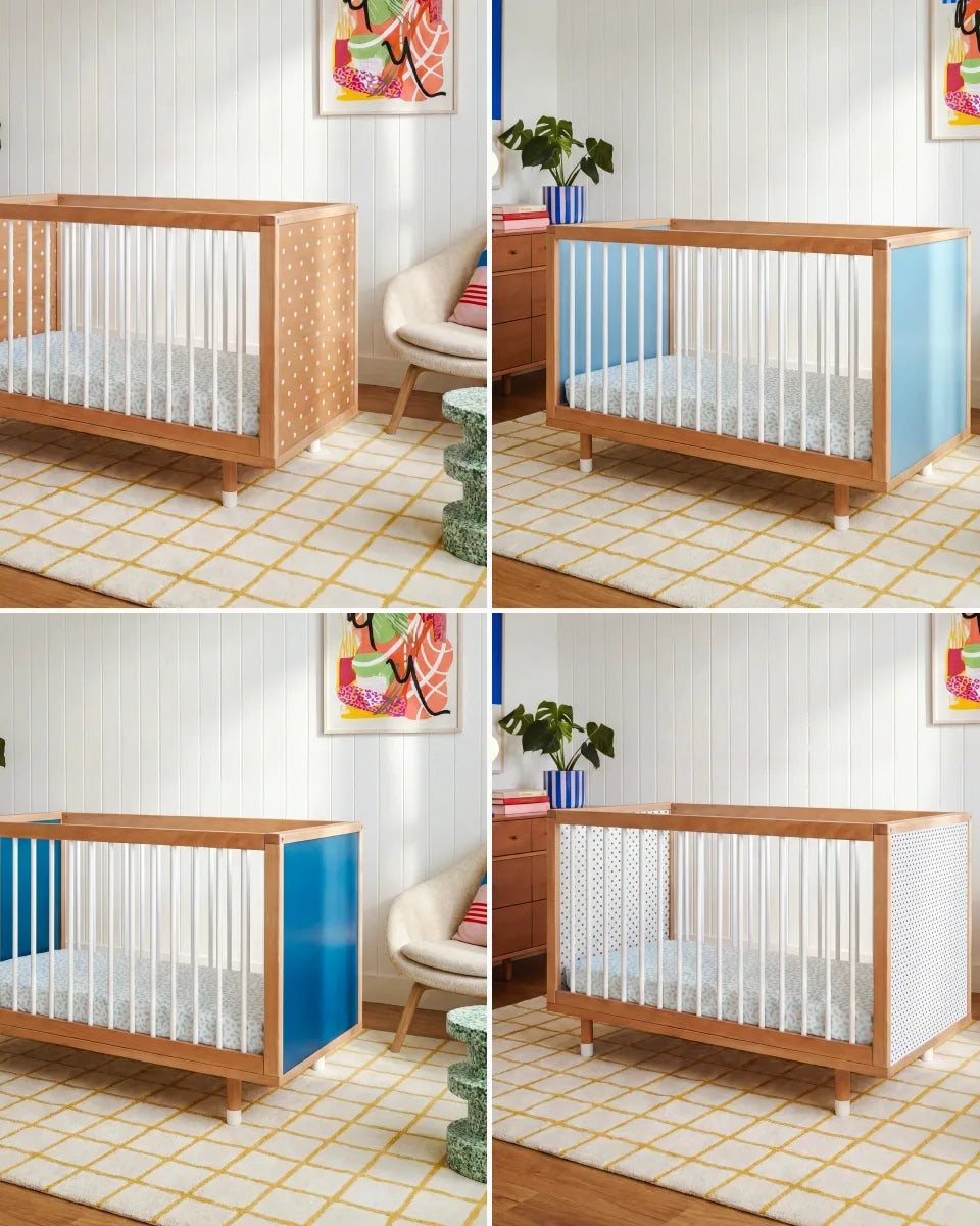 Collage of the Bold Baby Cot in blue and deep blue.