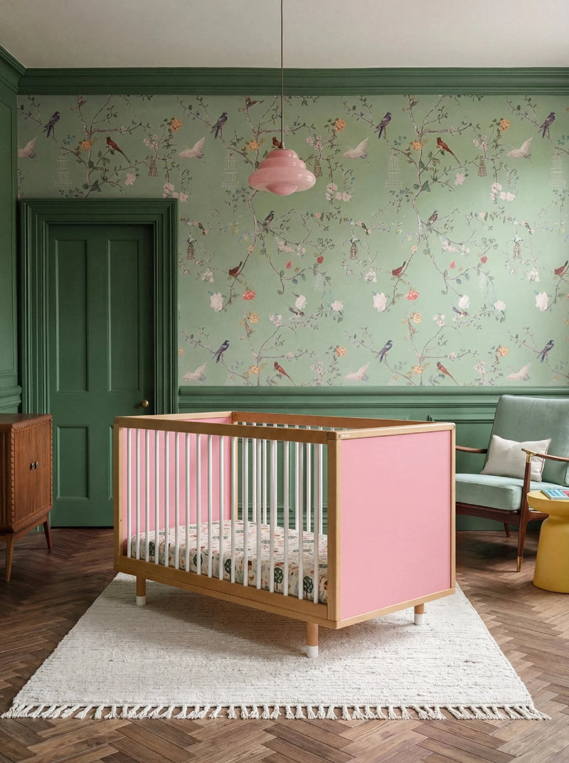 Bold Baby Cot in Pink and Green colourway, front view showing the pink panel