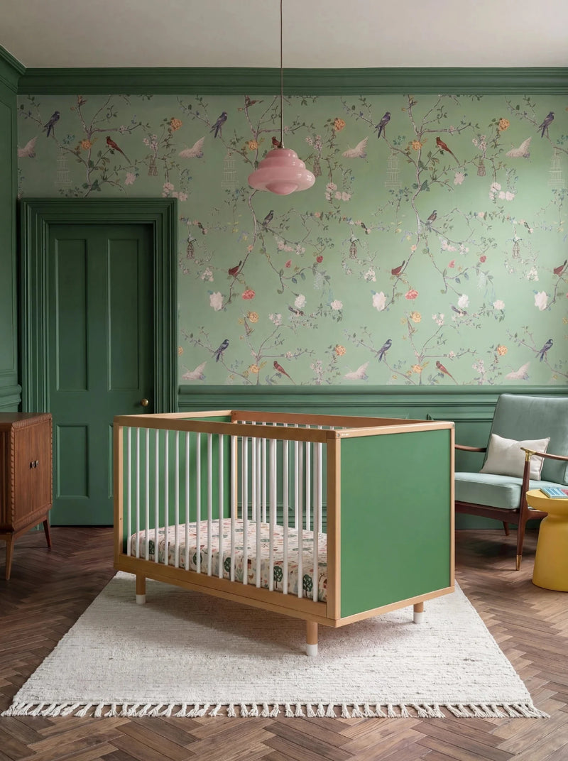 Bold Baby Cot in Pink and Green colourway, front view showing the green panel
