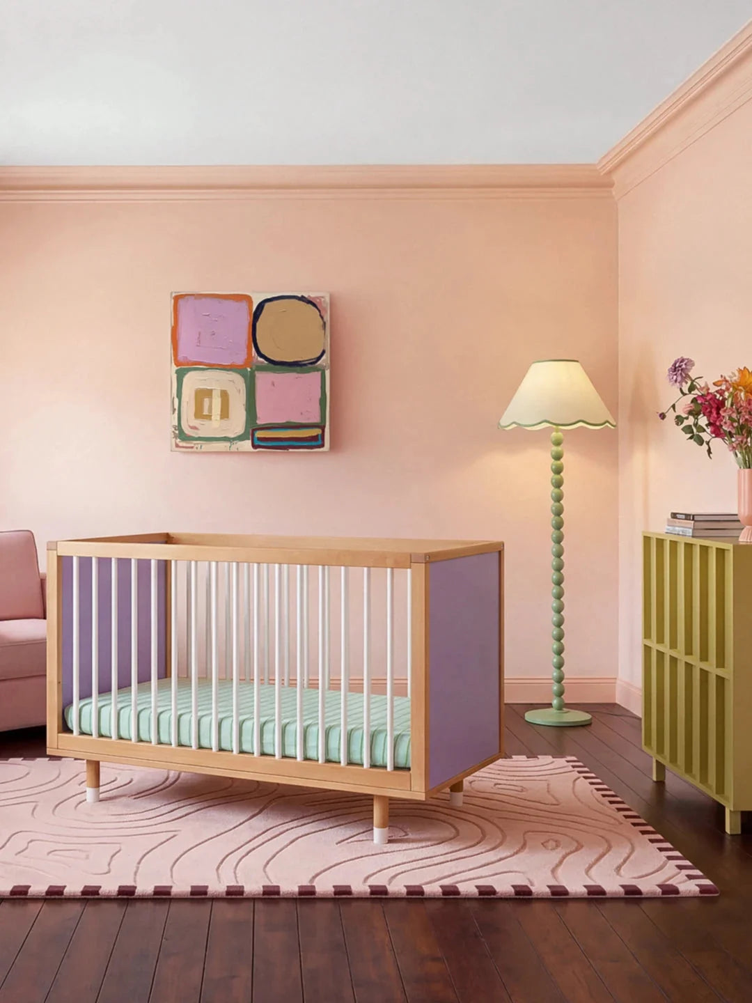 Wide view of the Lilac and Teal Bold Baby Cot