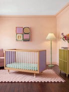 Wide view of the Lilac and Teal Bold Baby Cot
