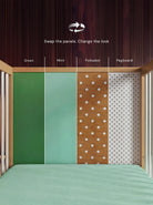 Demonstrating the interchangeable panel swap on the Green and Mint Bold Baby Cot