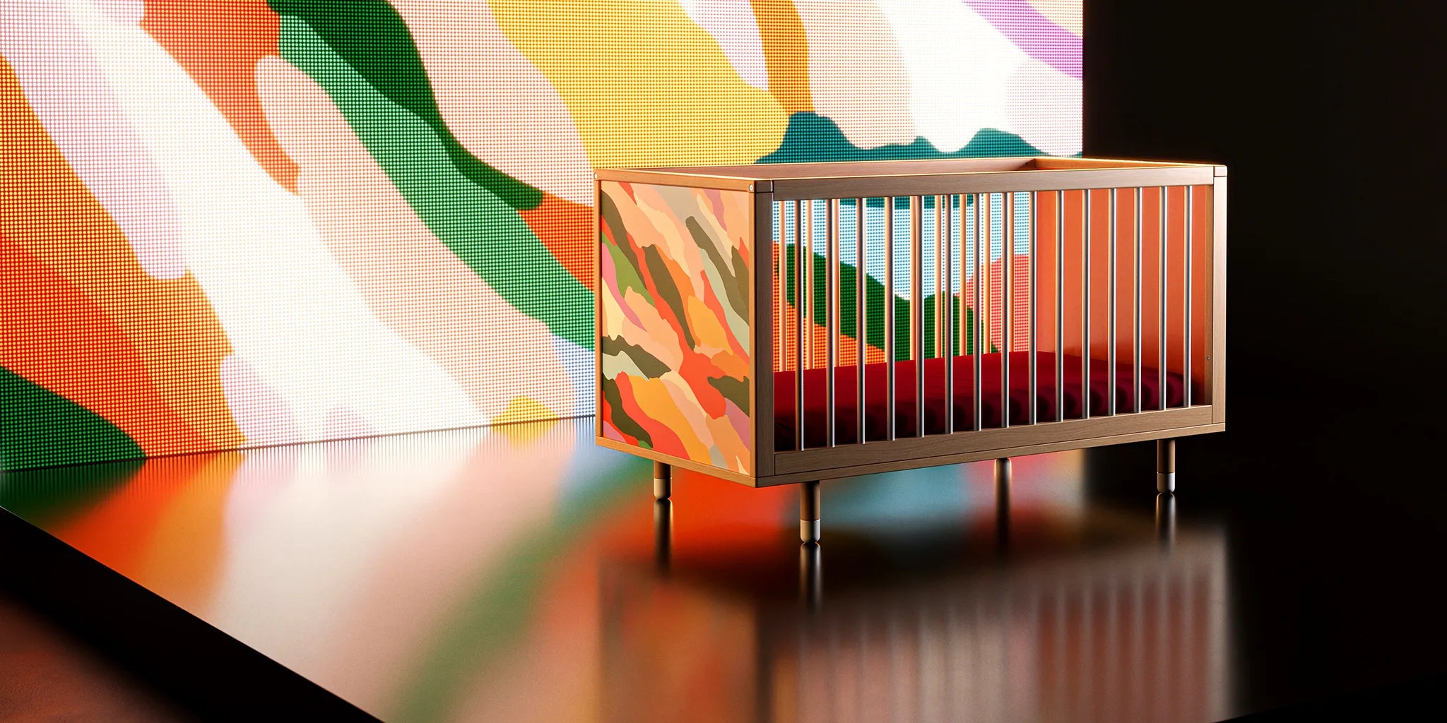 Modern cot with colourful ends in front of a digital screen in a minimalistic setting