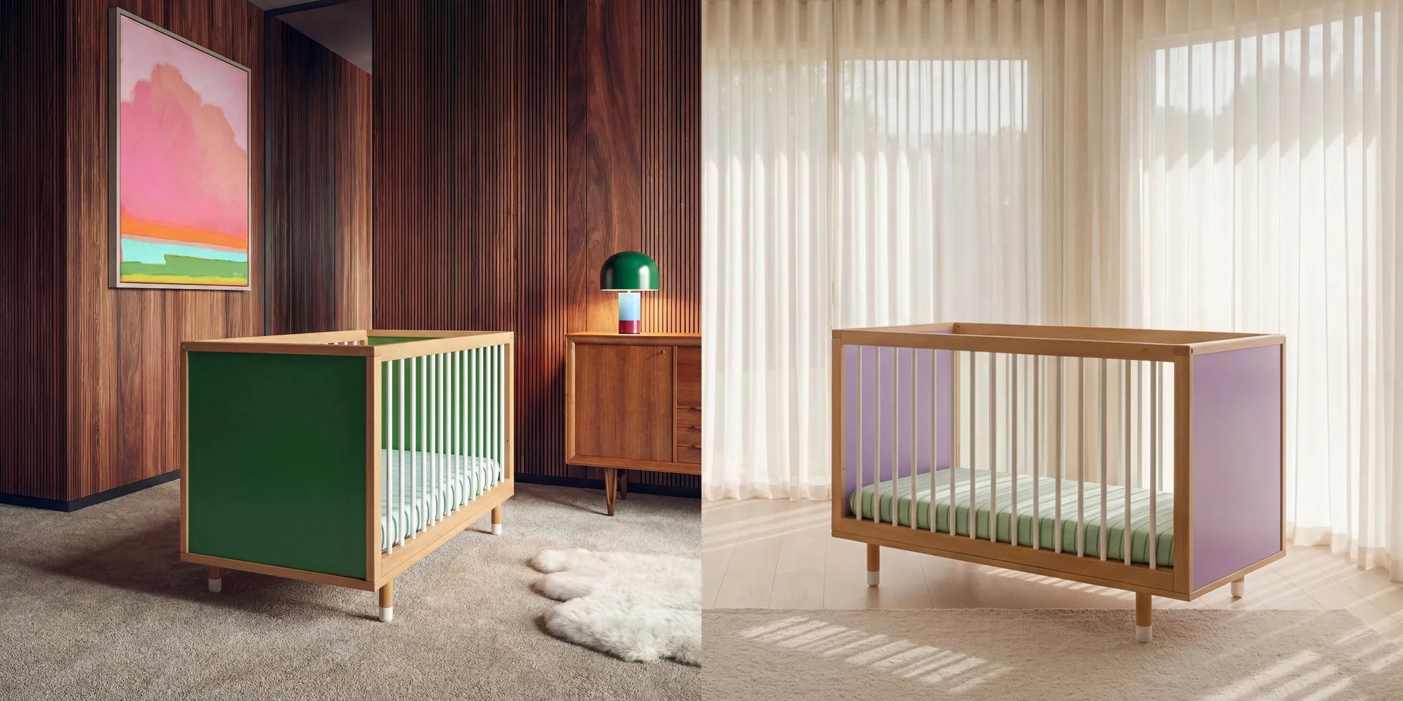 Two modern cribs in different color schemes with a wooden wall and abstract art in the background.