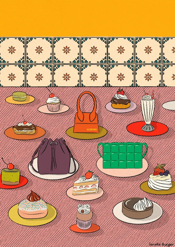 Illustration of bags and desserts on a patterned tablecloth with a tiled wall background.