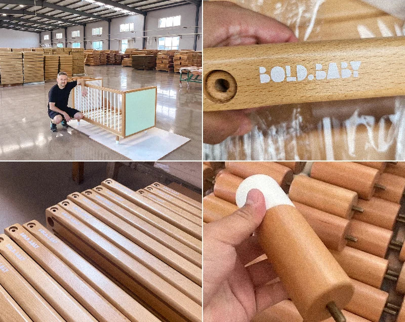 Bold Baby co-founder Jim Walsh inspecting cot components by hand at the manufacturing facility