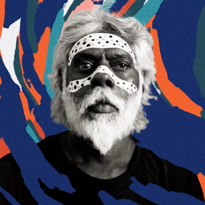 Indigenous man against a colorful abstract background