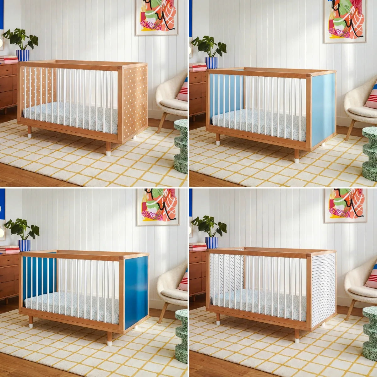 Collage of the Bold Baby Cot in blue and deep blue. 