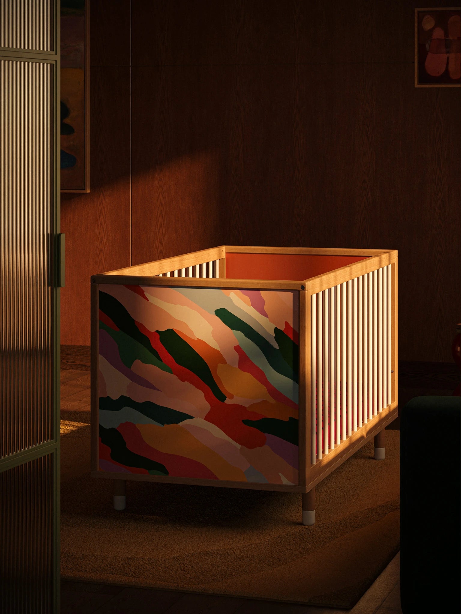 Front view of the Bold Baby Art Series cot showing Janelle Burger's illustrated panel