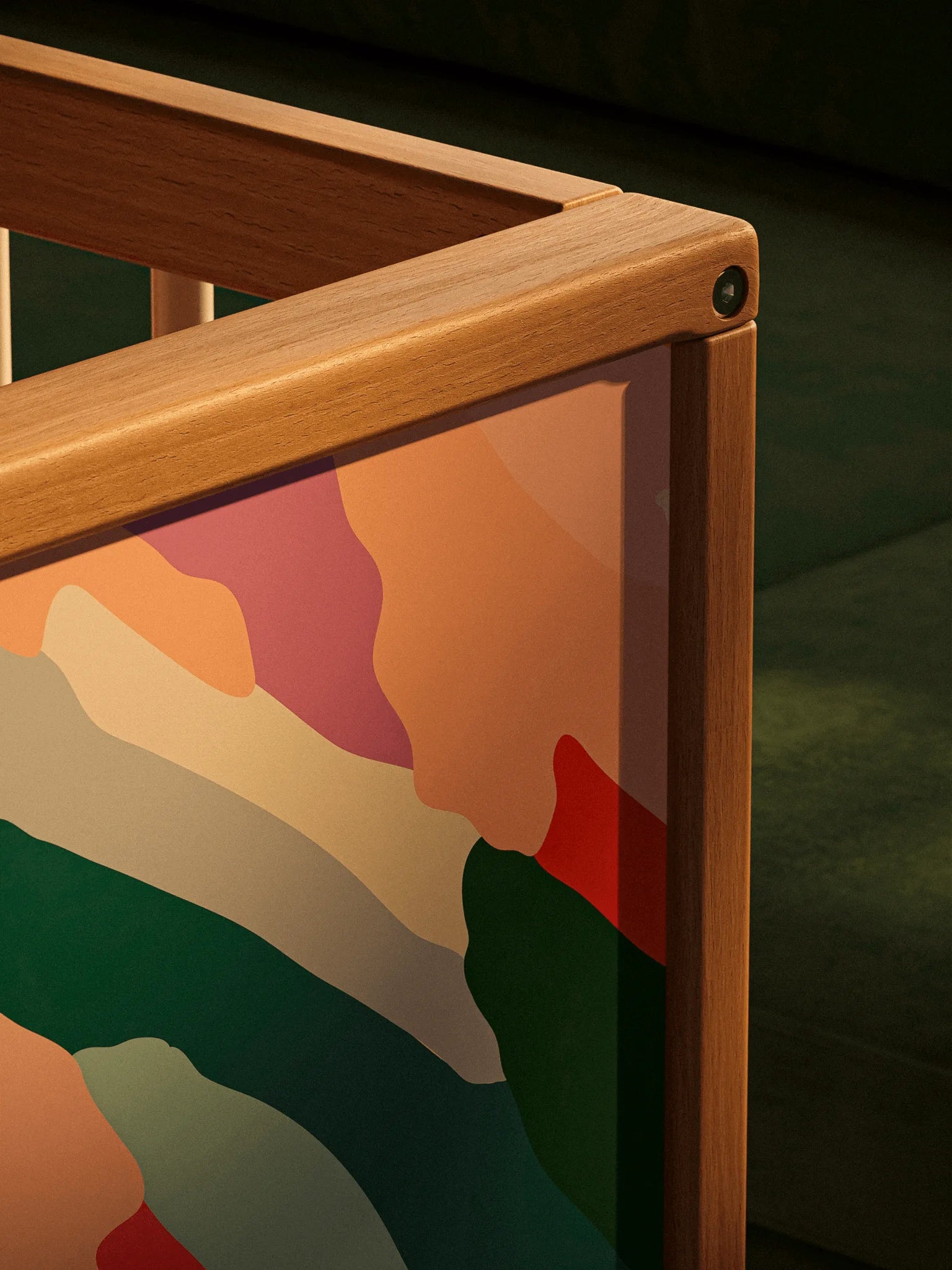 Corner detail of the illustrated panel on the Bold Baby Art Series cot