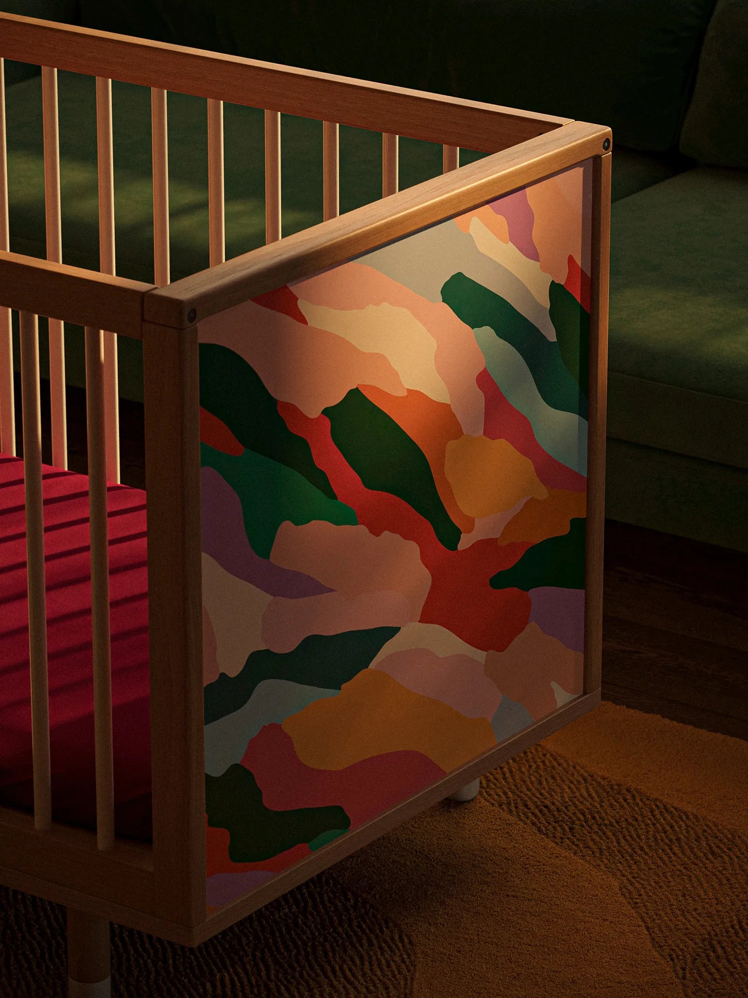 Bold Baby Art Series cot with Janelle Burger's colourful illustrated end panels