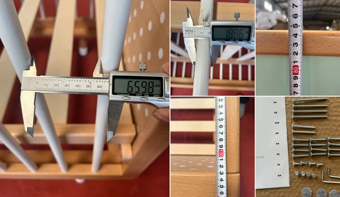 Bold Baby cot components photographed with measurements shown, used for cross-checking against AS/NZS 2172:2013 specifications